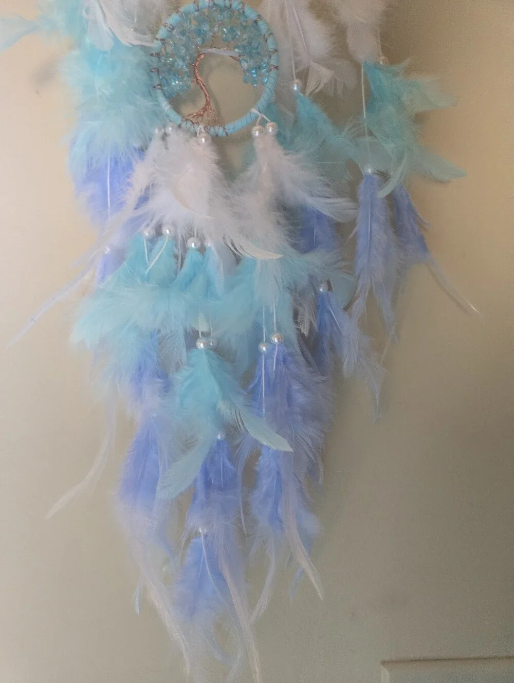 Handmade Crescent Moon Dreamcatcher with Blue Feathers – Boho Wall Decor Decor01